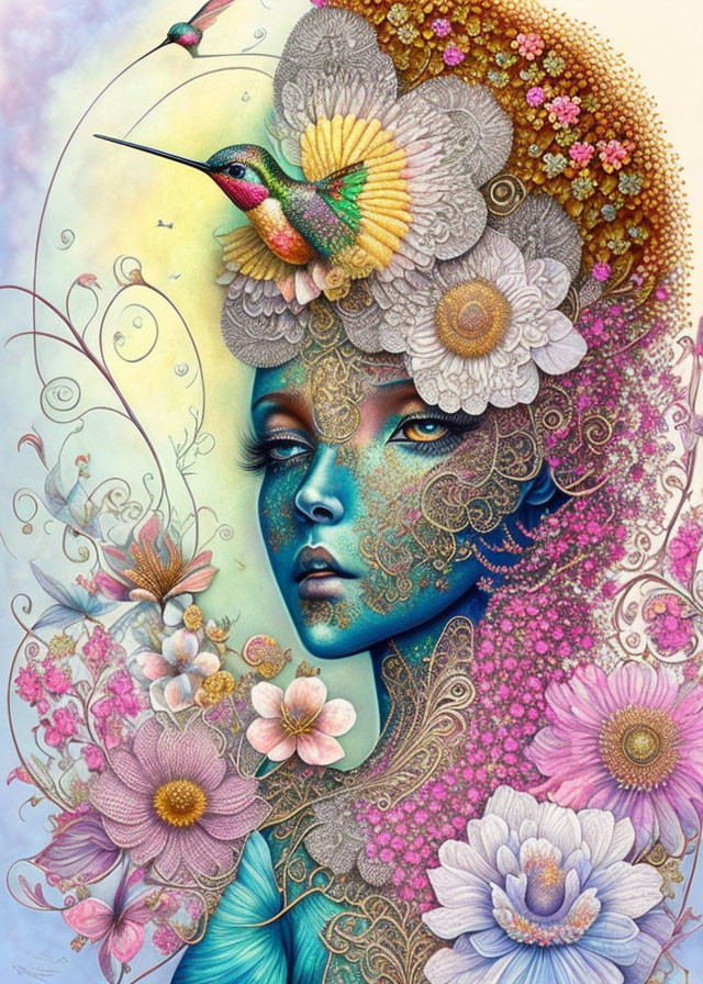 Blue-skinned woman with floral patterns and hummingbird in vibrant illustration