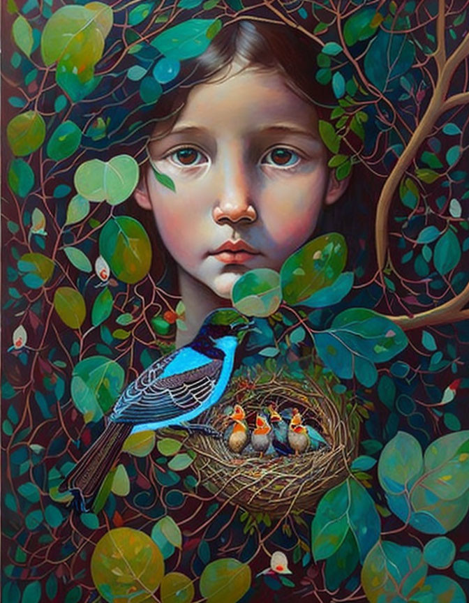 Child's Face Emerging from Foliage with Blue Bird and Nest