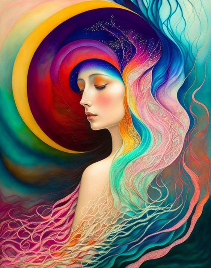 Colorful Artwork of Woman with Flowing Hair in Cosmic Background