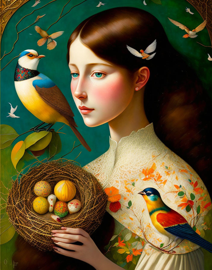 Serenely-posed woman with nest, birds, and butterflies on green background