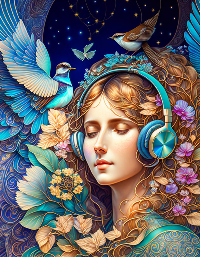 Woman with headphones in vibrant floral, bird, and celestial setting