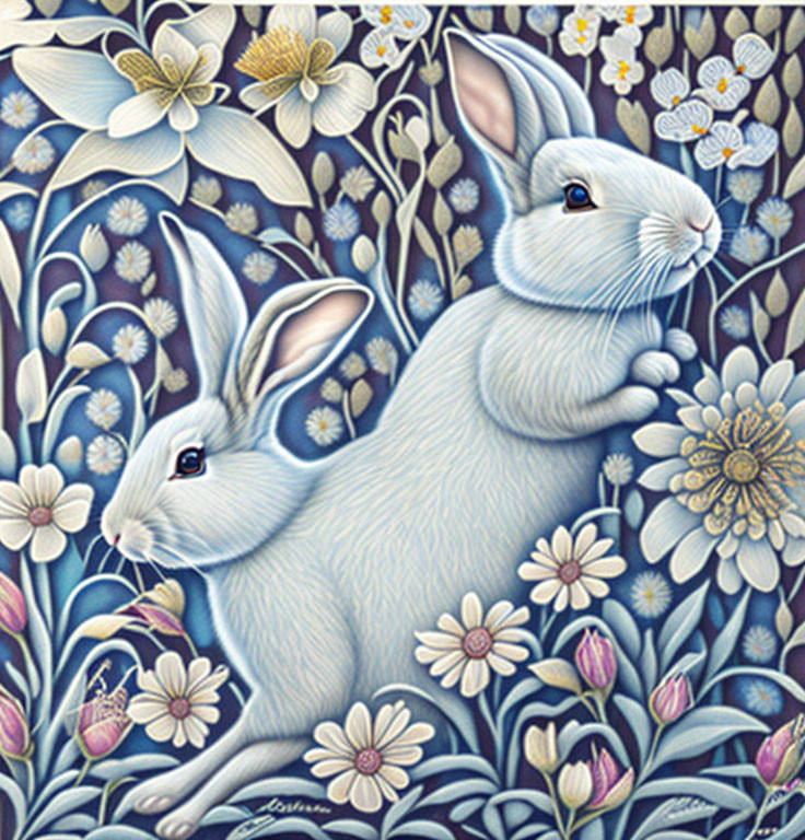 Detailed illustration of two blue rabbits amidst intricate floral pattern in blues, whites, and yellows.