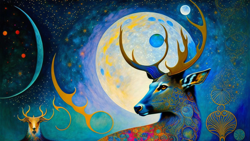 Vibrant celestial stag illustration with intricate antlers