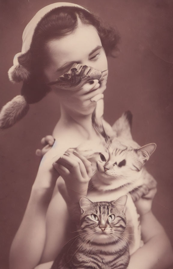 Sepia-Toned Vintage Photo: Smiling Woman with Three Cats