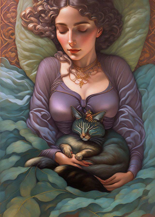 Serene woman with closed eyes holding a cat in purple dress