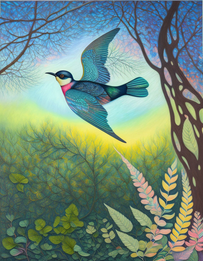 Colorful bird flying in lush green foliage under gradient sky