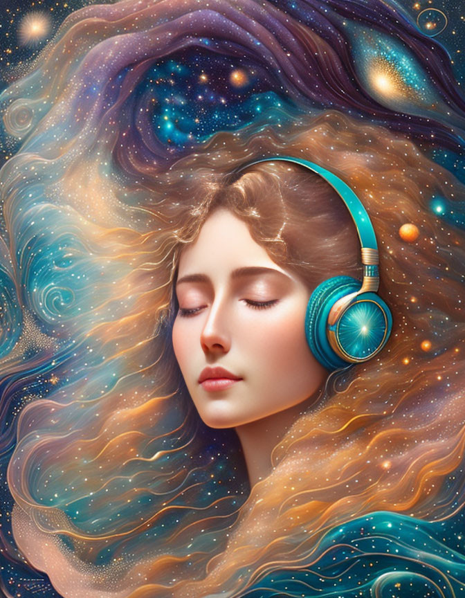 Woman with closed eyes blending into cosmic galaxy with stars and nebulae