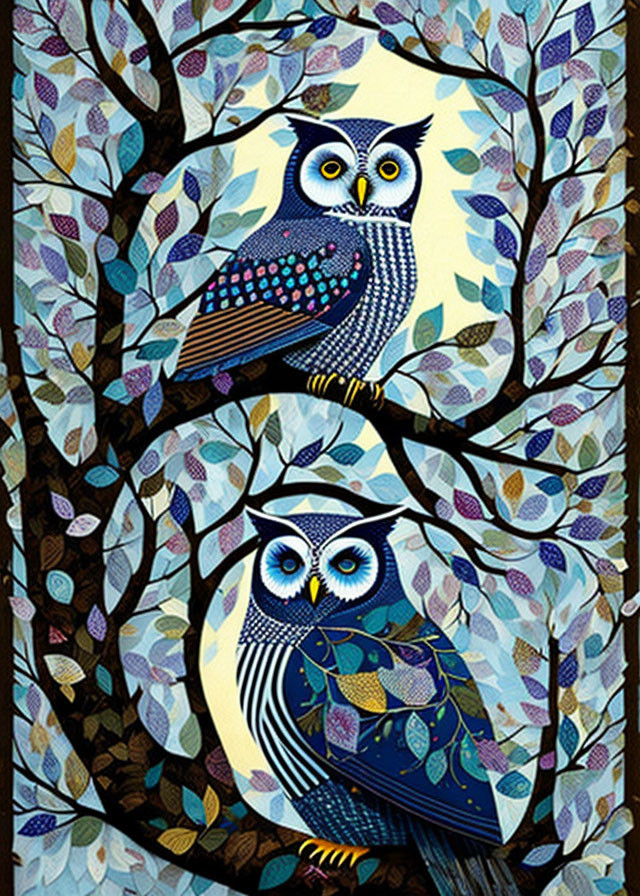 Stylized owls with large eyes on branches in colorful leafy setting.