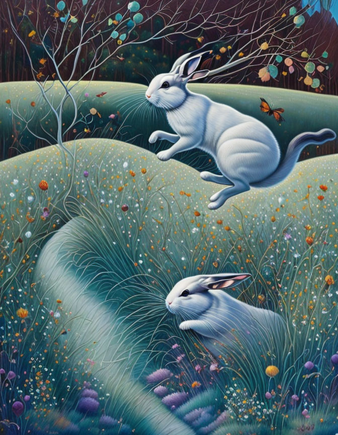 White rabbits with horn-like ears hopping in a flowery meadow under a starry sky