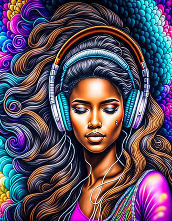 Colorful digital artwork: Woman with wavy hair and headphones in vibrant, psychedelic setting