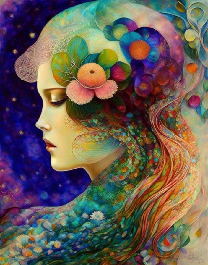 Vibrant woman's profile with floral patterns and fantasy elements