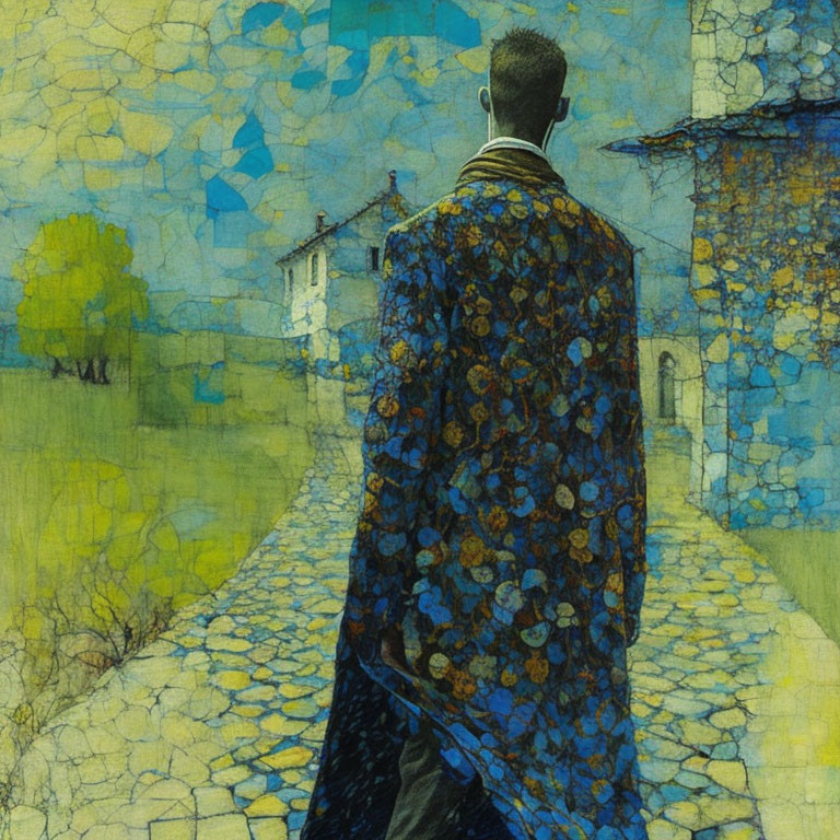 Man in patterned coat on cobblestone path with quaint house and trees under blue sky