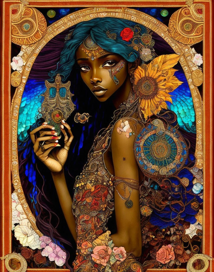 Stylized Art Nouveau portrait of a woman with blue skin and hair, adorned with floral patterns