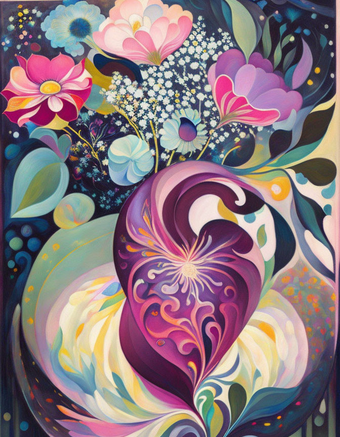 Colorful floral painting with heart centerpiece and swirling patterns