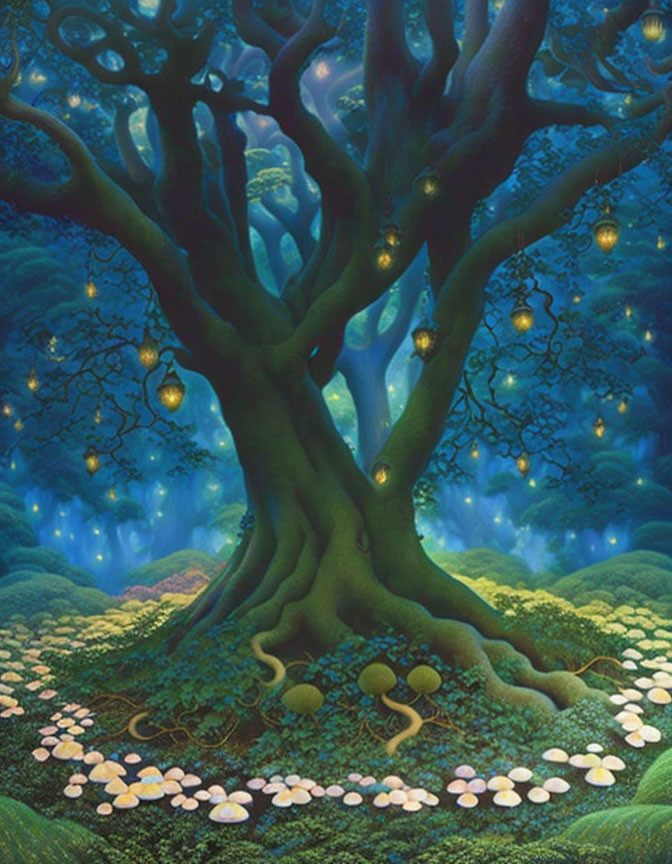 Mystical tree with lantern-like fruits in starry night scene