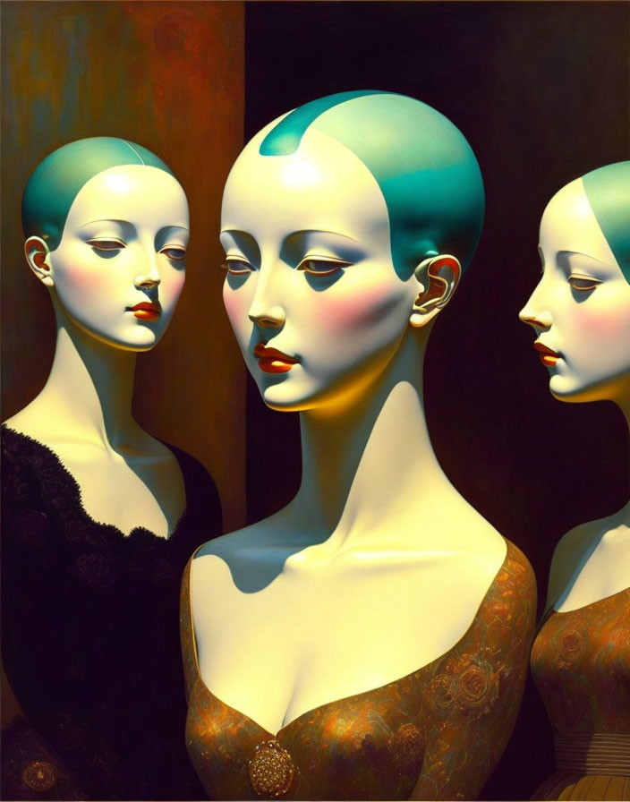 Stylized female figures with pale skin and turquoise hair in vintage surrealism.