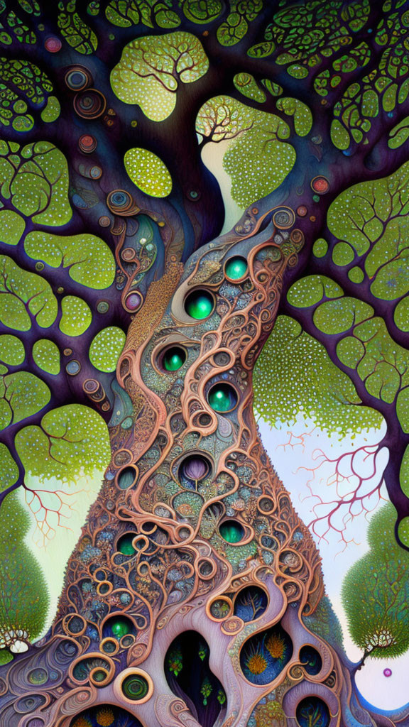 Detailed illustration of whimsical tree with intricate patterns and vibrant green canopy