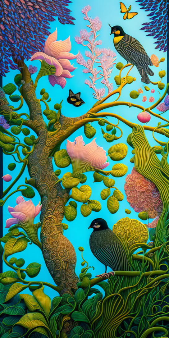 Colorful artwork of tree, butterfly, and birds on blue background