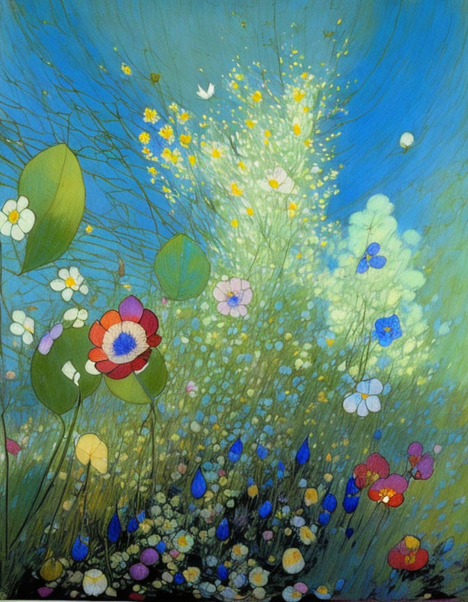 Colorful Flower Field Painting with Blooms and Butterflies on Blue and Green Background