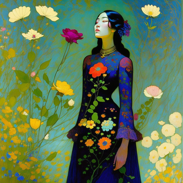 Woman in Floral Dress Surrounded by Vibrant Flowers