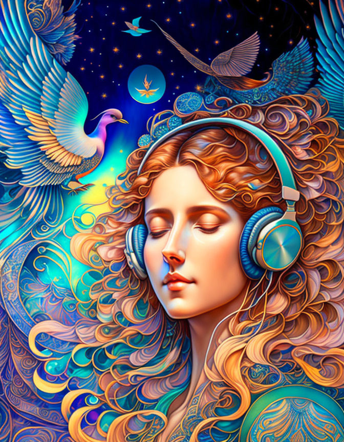 Vibrant Woman with Headphones Surrounded by Birds and Cosmic Motifs