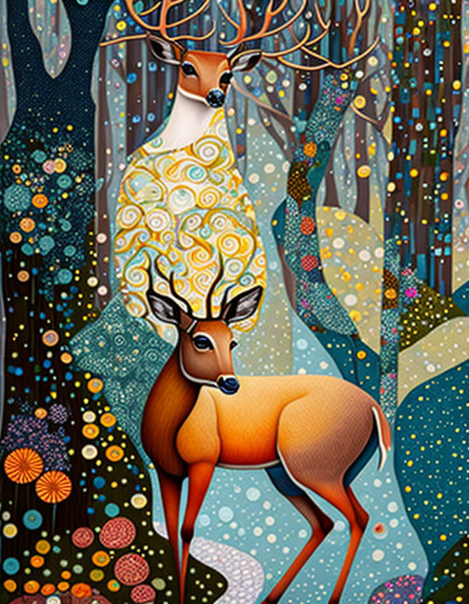 Colorful Stylized Painting of Two Deer in Intricate Forest