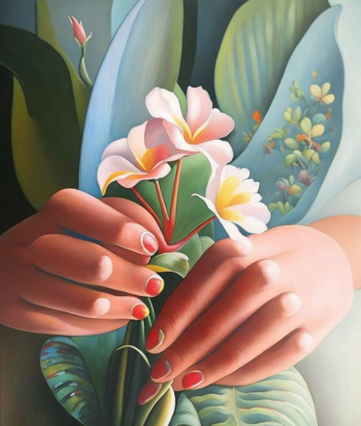 Close-up of elegant hands with red nail polish holding pink and white flowers surrounded by lush green leaves