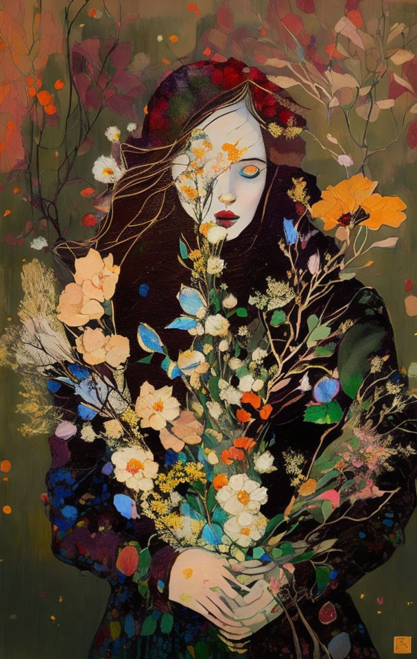 Illustration of pale-skinned woman with red lips and floral merge on dark autumn background