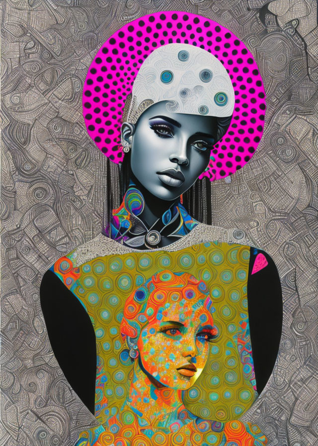 Colorful abstract digital artwork of stylized female figure with patterned skin and secondary portrait.