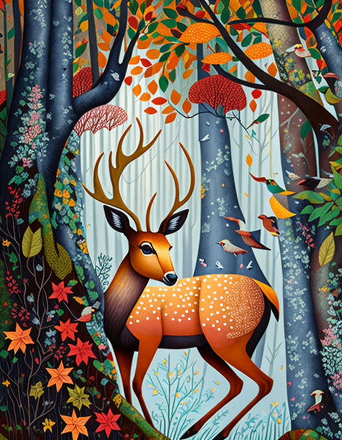 Vibrant forest illustration with deer, birds, and colorful flora