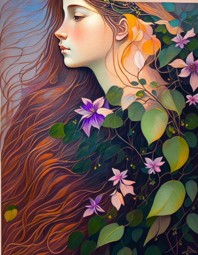 Red-haired woman adorned with green leaves and purple flowers harmonizes human and nature.