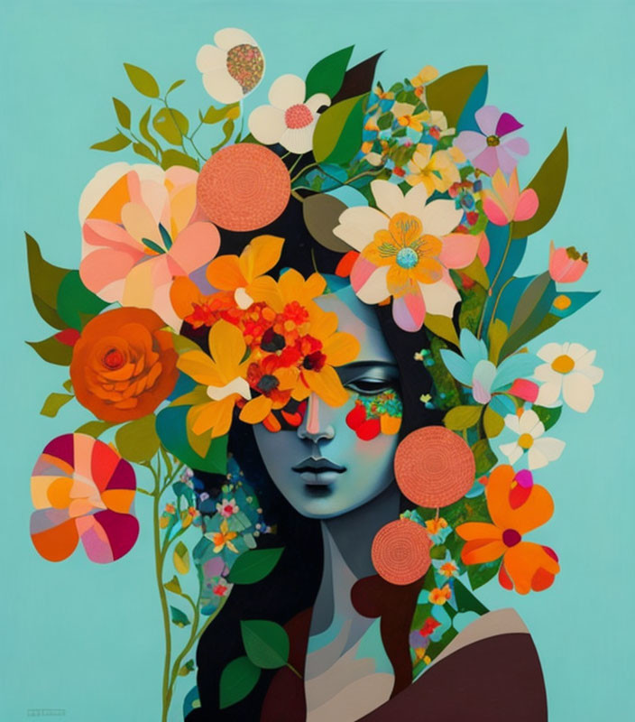 Colorful Flower Collage Surrounding Woman's Face on Teal Background