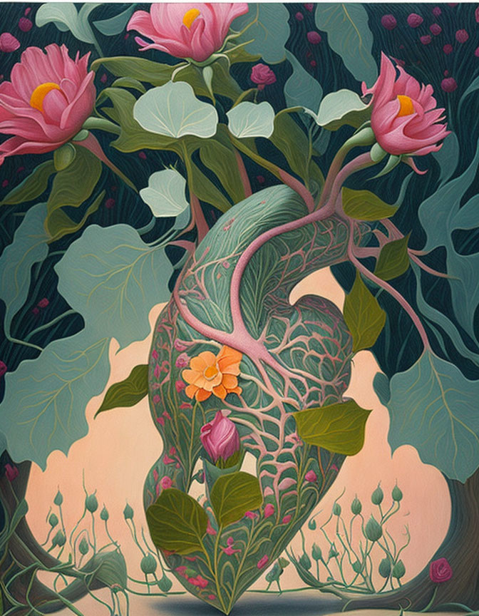 Human heart intertwined with blooming flowers and foliage on warm backdrop