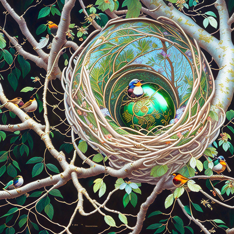 Colorful artwork featuring bird's nest, egg, and small birds on branches.