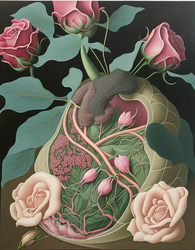 Botanical-themed heart artwork with roses and leaves on dark background