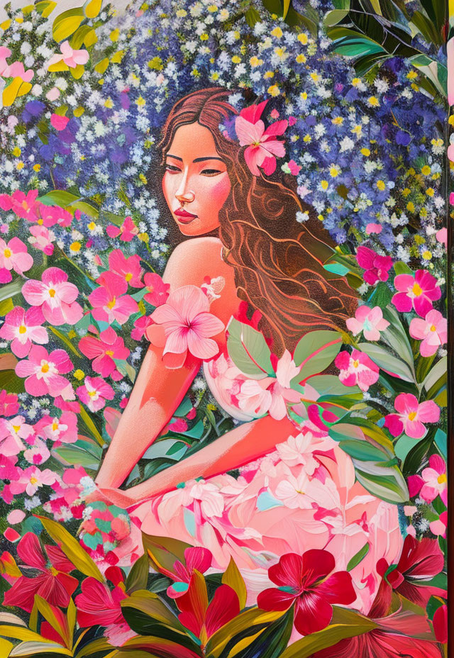 Colorful flower-themed portrait of a woman with pink blooms in her hair