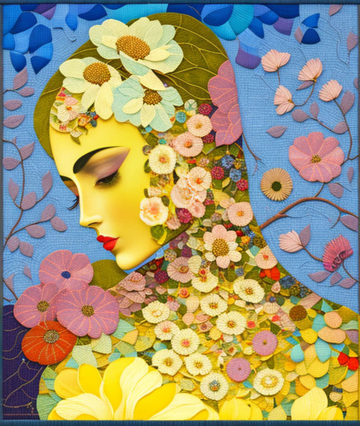 Colorful floral mosaic of woman's profile on blue background