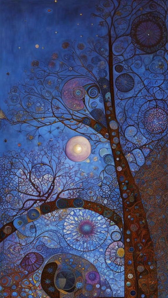 Vibrant painting of tree under starry night sky