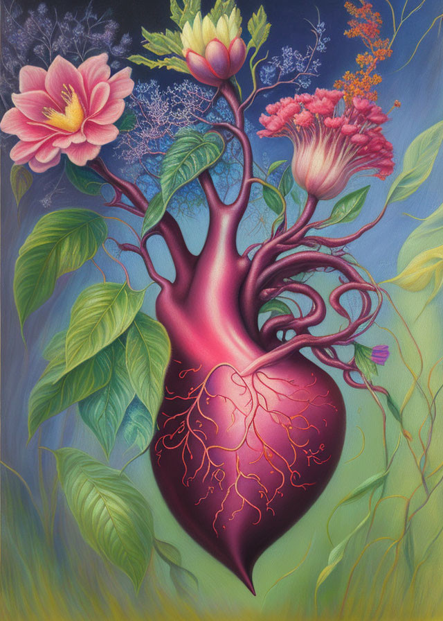 Vibrant human heart illustration with tree branches and flowers