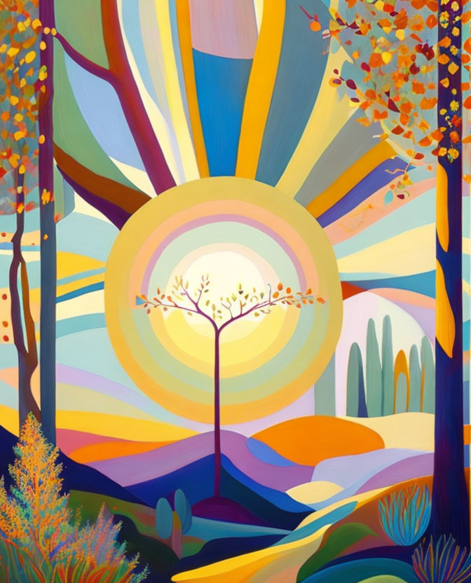 Colorful Landscape Painting with Central Tree and Sun Rays