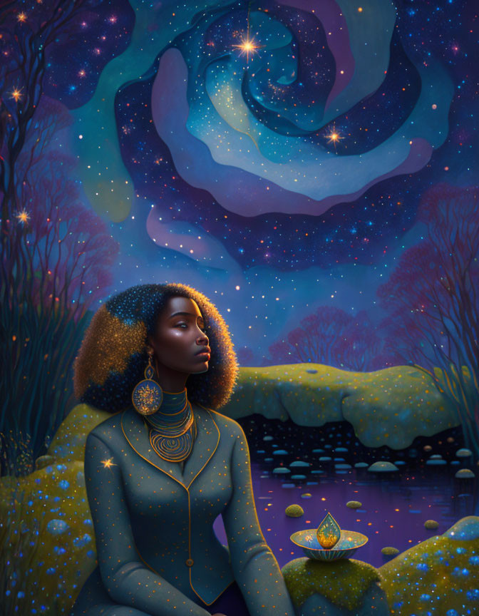 Illustration of woman in golden accessories in mystical night landscape