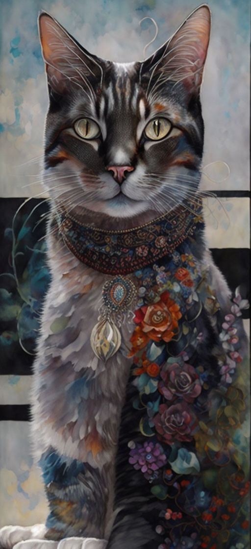 Detailed painting of regal cat with jewel collar & colorful flowers.