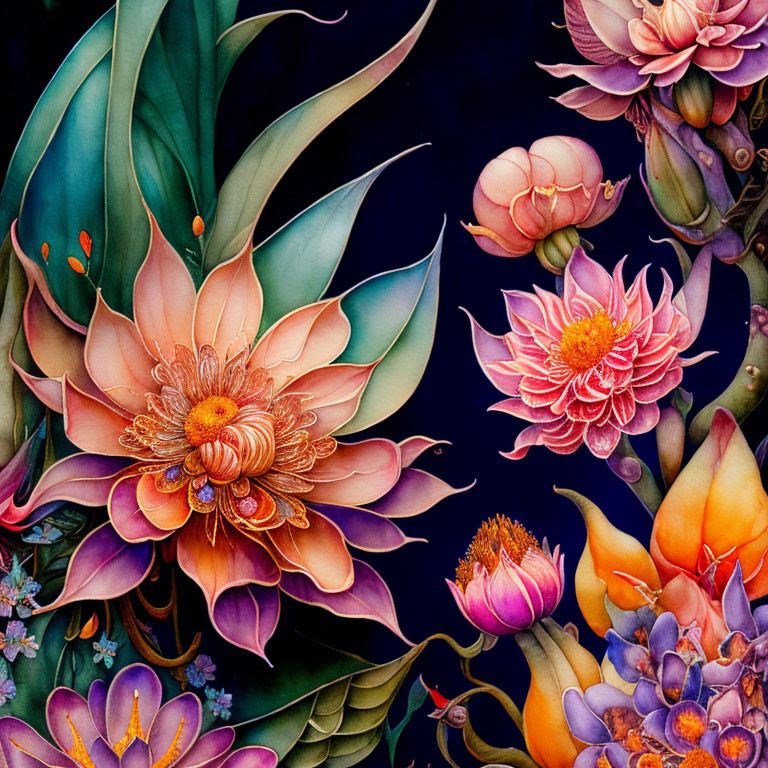 Colorful Blooming Flowers Illustration on Dark Background