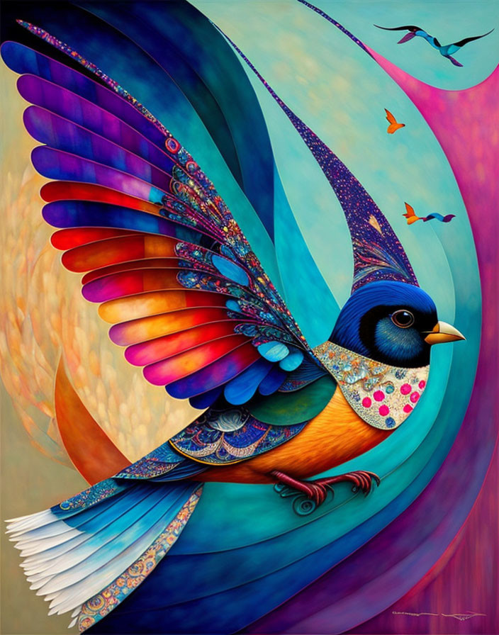 Colorful Bird Painting with Elaborate Patterns on Wings