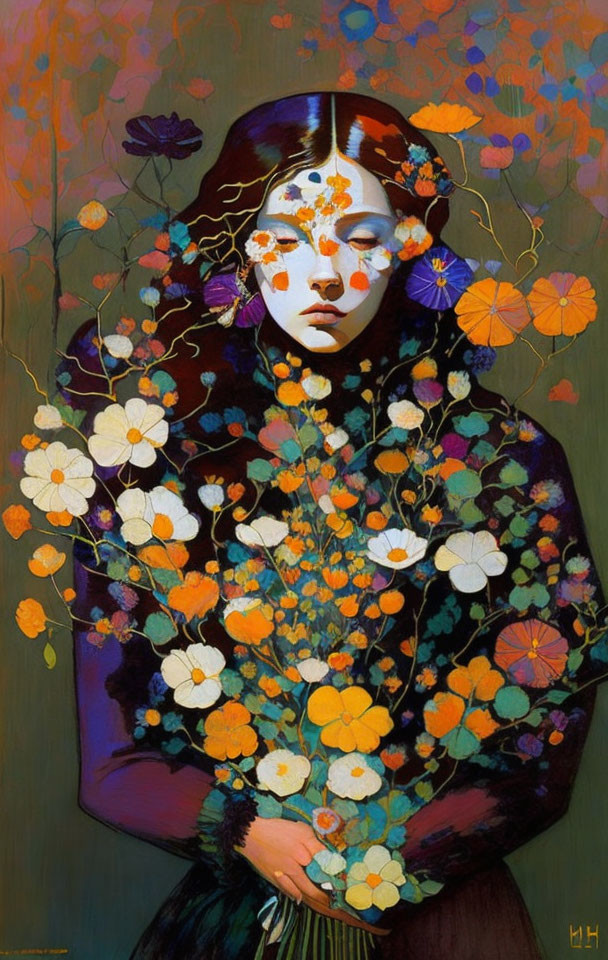 Colorful Flower-themed Painting Featuring Woman