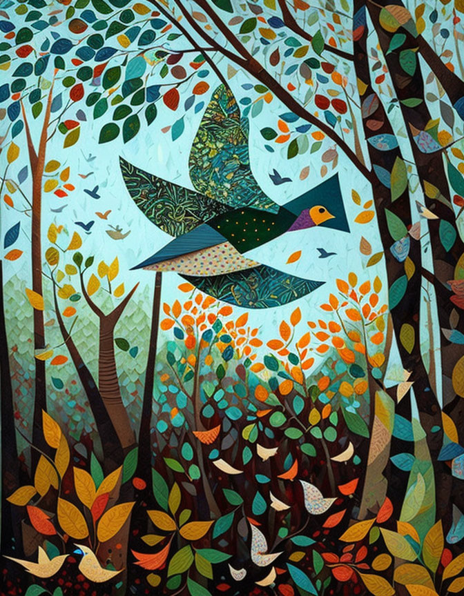 Vibrant bird illustration in mosaic forest setting