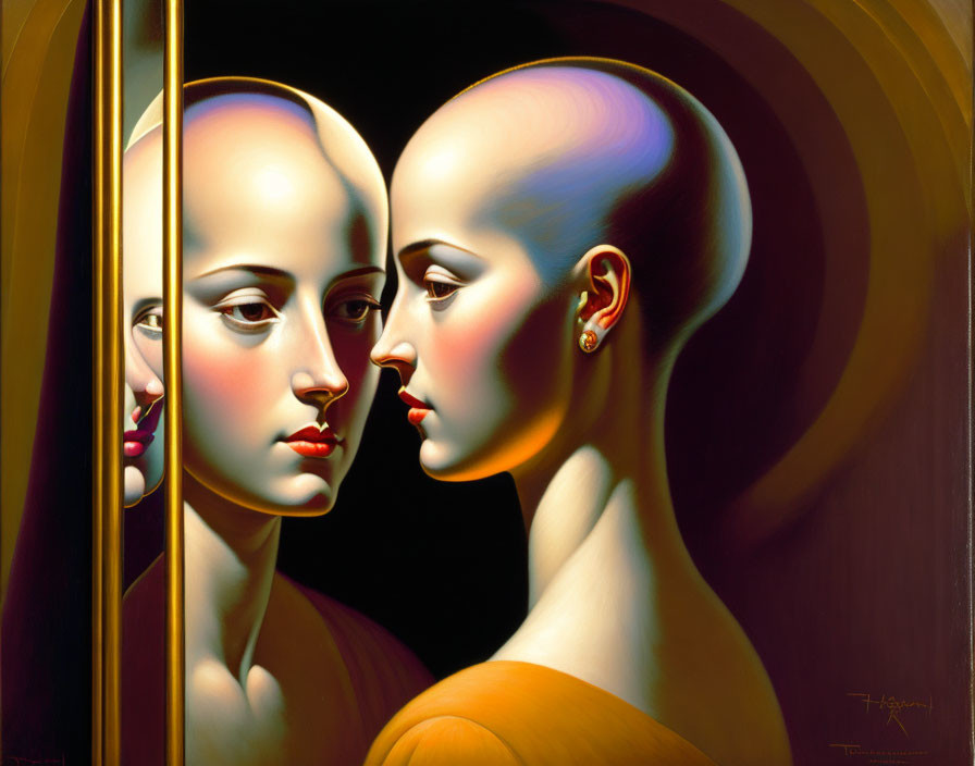 Surreal painting of woman with bald head and dual reflection