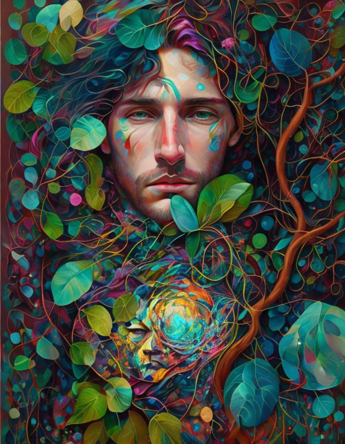 Colorful portrait blending man and nature in vibrant display