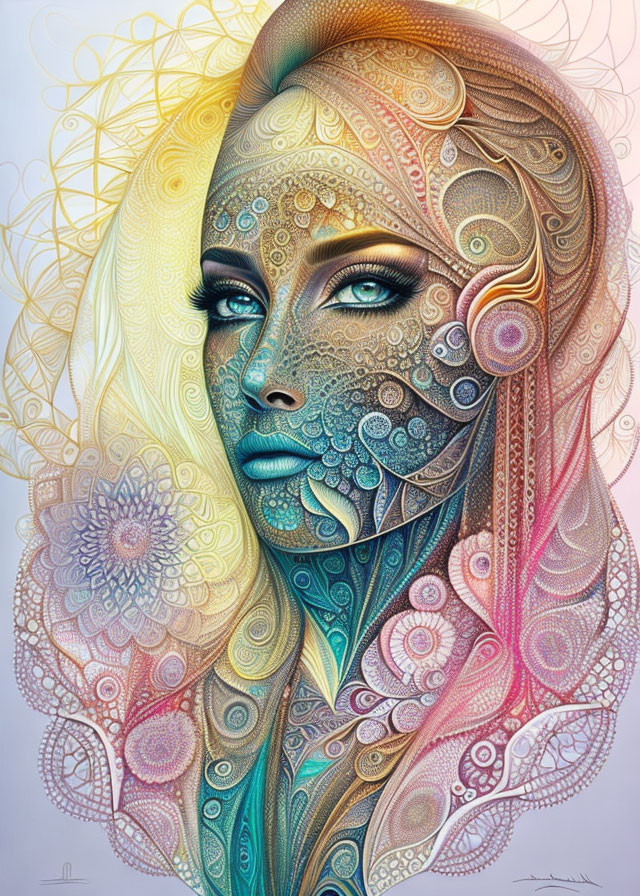 Colorful Split-Face Woman Illustration with Intricate Patterns and Golden Hair