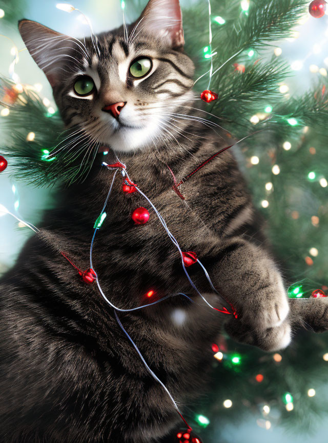 Tabby Cat with Green Eyes in Christmas Lights and Tree Background